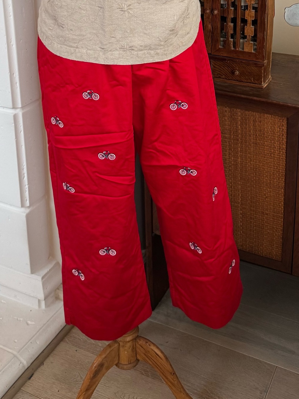 Vintage Embroidered Bicycle Red Wide-Leg Pants
